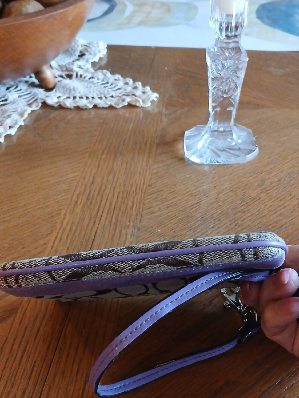 Coach Brown Signature Canvas Wristlet with Purple Trim - Picture 6 of 7